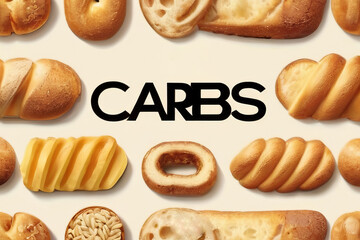 flat lay text Carbs surrounded by bread on white background