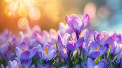 Schilderijen op glas Natural autumn background with delicate lilac crocus flowers on blue sky banner © ND STOCK