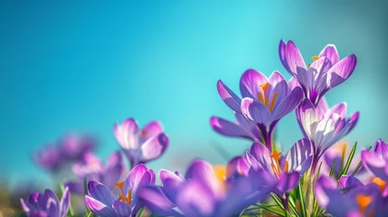 Keuken spatwand met foto Natural autumn background with delicate lilac crocus flowers on blue sky banner © ND STOCK