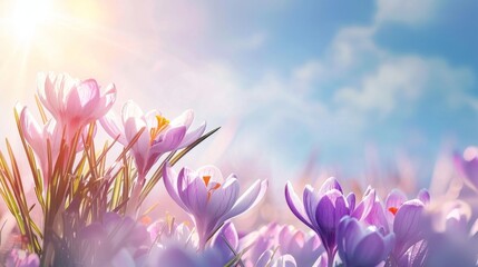 Fototapeta na wymiar Natural autumn background with delicate lilac crocus flowers on blue sky banner