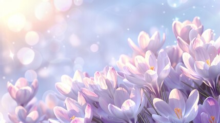 Fototapeta premium Natural autumn background with delicate lilac crocus flowers on blue sky banner