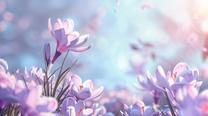 Natural autumn background with delicate lilac crocus flowers on blue sky banner