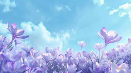 Meubelstickers Natural autumn background with delicate lilac crocus flowers on blue sky banner © ND STOCK