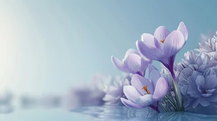 Wandcirkels aluminium Natural autumn background with delicate lilac crocus flowers on blue sky banner © ND STOCK