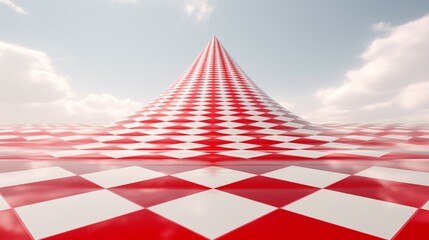 A 3D rendering of a red and white checkered pyramid with clouds in the background.