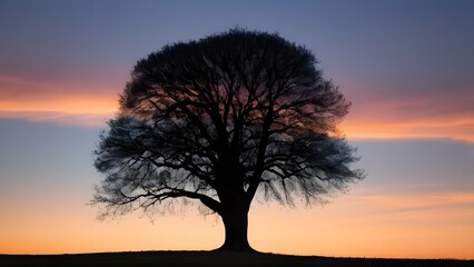 Silhouetted Tree Against Vibrant Sunset, Tranquil Evening Landscape