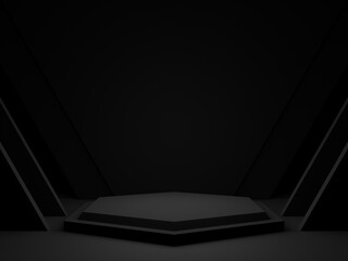 3D render black background. Dark room geometric podium. - obrazy, fototapety, plakaty