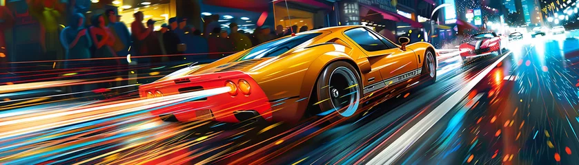 Fotobehang Dynamic Pop Art racing cars speeding with streaks of color and comic flair © earthstudiotomo
