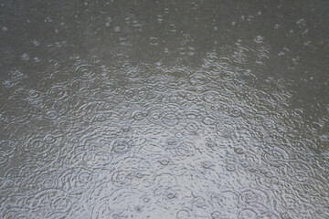 Rain falling down wet black and white rain on the wet floor.