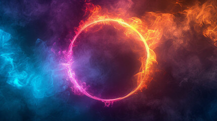 Obraz premium abstract cloud illuminated with neon light ring on dark night sky. Glowing geometric shape, round frame