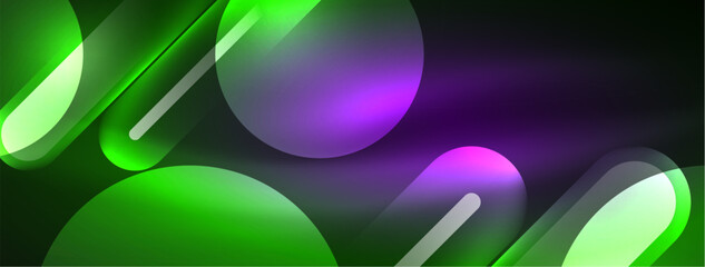 Abstract design pulsates with neon glowing light effects, casting an entrancing glow in the darkness, captivating the eye with its vibrant energy. Glass circles neon glowing light effects