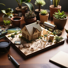 Naklejka na ściany i meble Miniature house plan on the table, real estate house plan concept