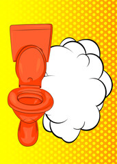 Cartoon Flush Toilet with blank speech bubble, comic book Bathroom background. Retro vector comics pop art design.