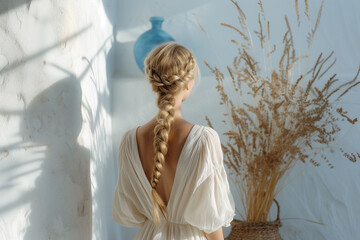 Blond girl with plats is facing the wall in exotic Greek island