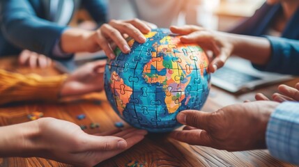 A diverse group of hands assembling a jigsaw puzzle globe, symbolizing teamwork and global collaboration on a wooden table.