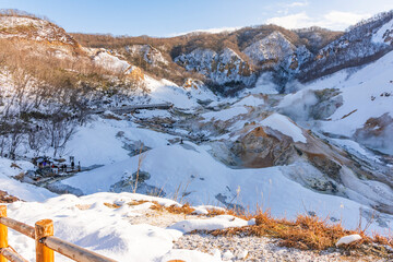 Scenic landscape of Jigokudani Hell Valley in winter at Noboribetsu, Hokkaido, Japan