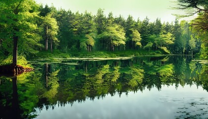 The green of the forest which is reflected in the surface of the water