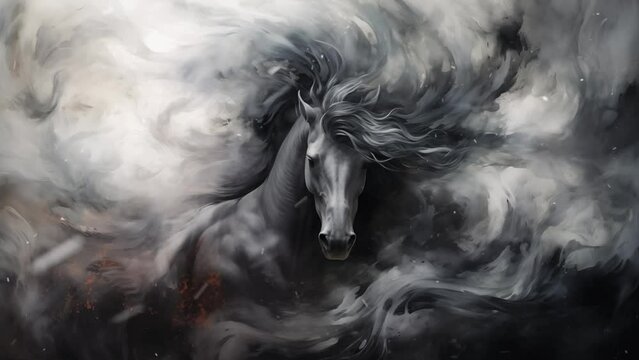 mystical unicorn emerging from swirling smoke. dark horse illustration with smoke on white background. seamless looping overlay 4k virtual video animation background 