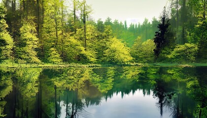 Fototapeta na wymiar The green of the forest which is reflected in the surface of the water