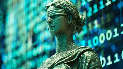 Statue of Lady Justice overlaid with a blue binary code, representing law and digital data.