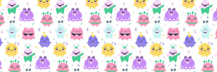 Baby cute seamless pattern with space elements on white background. Hand drawn flat cartoon style. Vector illustration