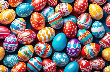 Fototapeta na wymiar Top view of colorful painted easter eggs. Bright vivid colors and pattern