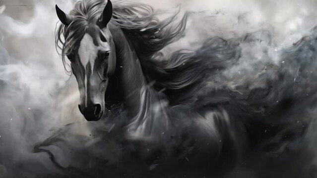 dark horse illustration in smoky style. mystical unicorn portrayed in swirling smoke an abstract. seamless looping overlay 4k virtual video animation background 