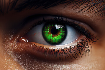 Digital Gaze: Vivid Green Pixelated Human Eye Close-Up