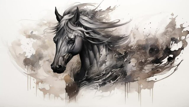 elegant smoky black horse illustration. mystical unicorn shaped by smoky elegance abstract. seamless looping overlay 4k virtual video animation background 