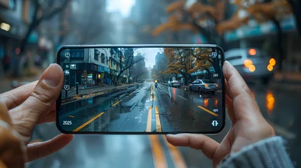 Zelfklevend Fotobehang Person capturing rainy street scene on smartphone © sulvector