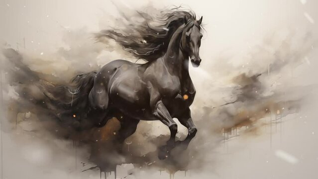 wild stallion portrayed in smoky tendrils abstract. elegant smoky black horse illustration. seamless looping overlay 4k virtual video animation background 