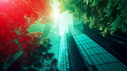 Skyscrapers adorned with greenery under a bright sky, merging urban and natural elements.