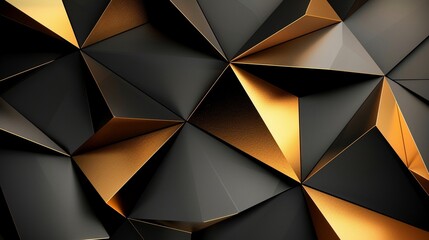 Abstract 3D geometric background with golden and black triangular elements.
