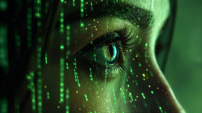 Digital Insight: Close-up of Human Eye with Binary Code Overlay