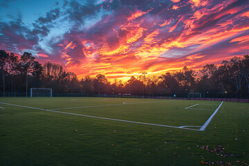 A serene training session on a soccer field at sunset with a coach mentoring players.