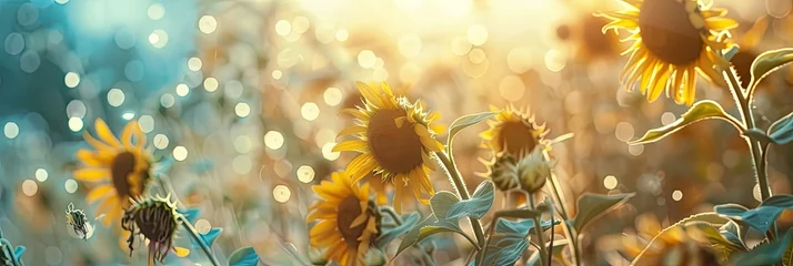 Gordijnen sunflowers on background blue © Miyanto