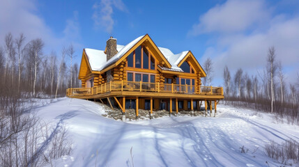 A spacious log cabinstyle home with a wraparound deck nestled upon a series of thick wooden pilings above a frozen tundra.