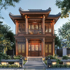 Tiny two floor timber frame house with single front doors and terrace with indonesia theme design real photo