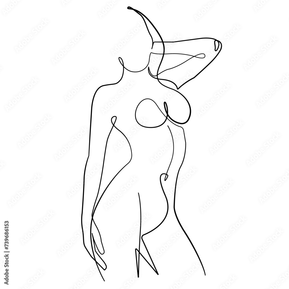 Wall mural female nude body continuous one line drawing. woman body sketch line art illustration. female figure