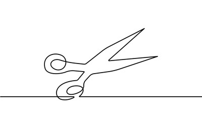 Scissors Continuous One Line Drawing, Scissors Minimal Vector Illustration Single Line Art Style Black Sketch Isolated on White Background. Minimalistic Hand Drawn Style.