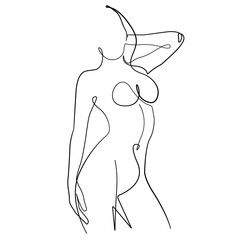 Female Nude Body Continuous One Line Drawing. Woman Body Sketch Line Art Illustration. Female Figure Abstract Minimal Silhouette for Modern Design. Vector EPS 10