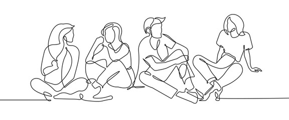 Friends Group Continuous One Line Drawing. People Talking Minimalistic Black Lines Drawing on White Background. Friends Group Line Art Abstract Drawing. Vector Illustration