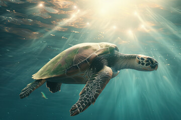 Obraz premium Sea turtle swimming in underwater scene with rays of light