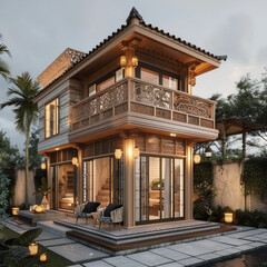 Fototapeta na wymiar Tiny two floor timber frame house with single front doors and terrace with indonesia theme design real photo
