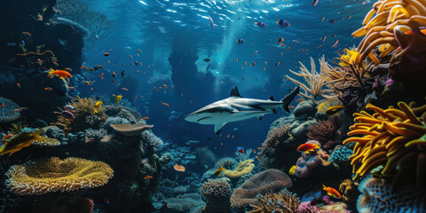 Coral reef and sharks scene underwater world