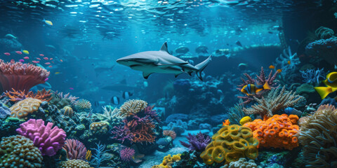 Fototapeta na wymiar Coral reef and sharks scene underwater world