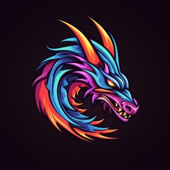 Dragon Abstract Vibrant Neon Colorful Logo Design on Isolated Black Background - Graphic Design Element
