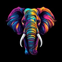 Elephant Abstract Vibrant Neon Colorful Logo Design on Isolated Black Background - Graphic Design Element