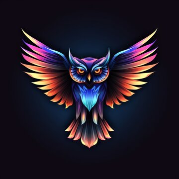 Owl Abstract Vibrant Neon Colorful Logo Design on Isolated Black Background - Graphic Design Element
