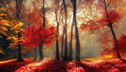 Rolgordijnen Majestic autumn trees in the forest glow in sunlight. Red autumn leaves. Dramatic morning scene © ROKA Creative